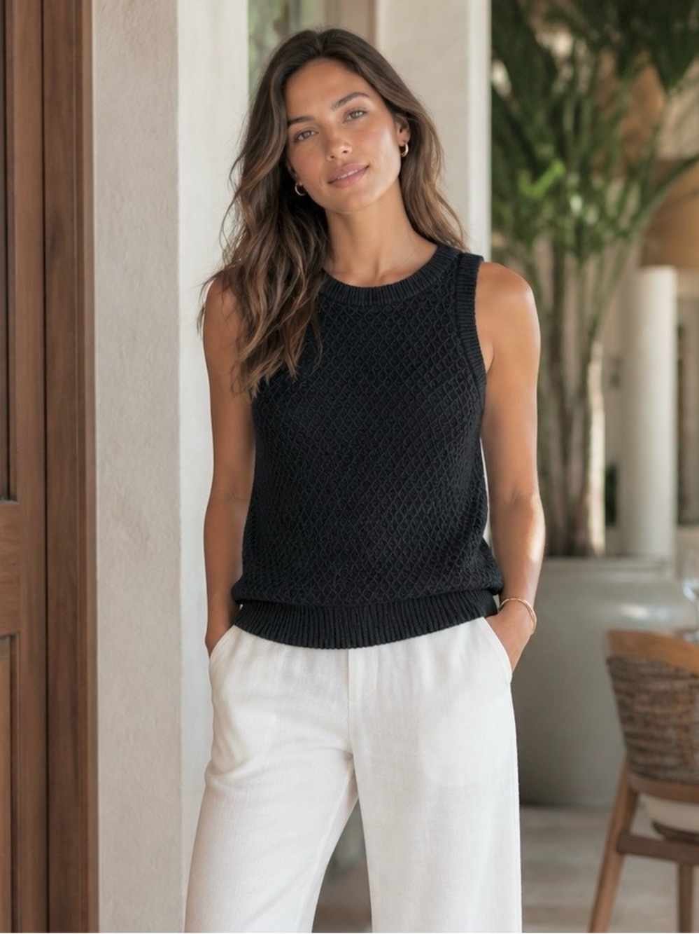 Tommy Bahama Washed Black Linen Knit Sleeveless Top Size XXS